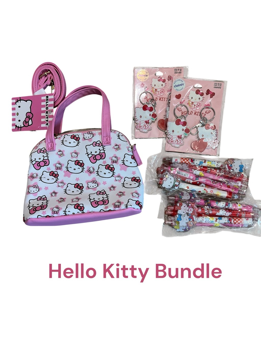 Hello Kitty Bundle with crossbody bag, bag charms, and pens